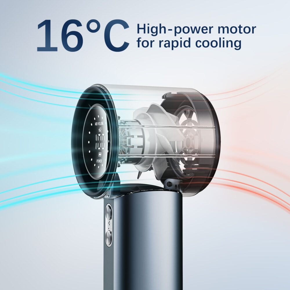 Handheld turbo fan, 100 speed adjustable, large digital display, multi color options