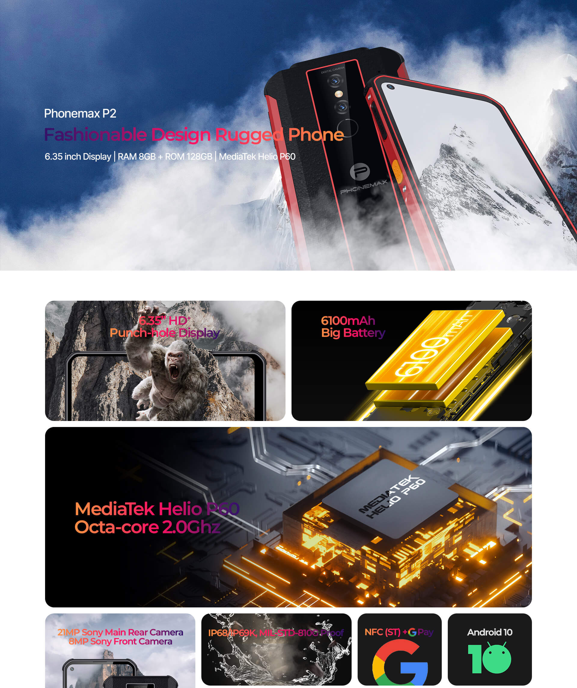 Phonemax P2 6100mAh Battery Rugged Phone-Vistaroot