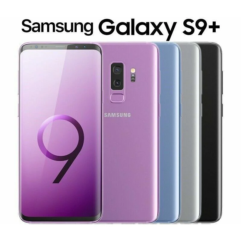 Samsung galaxy s9+ mobile phone in lilac purple, showing the infinity display and dual rear cameras.