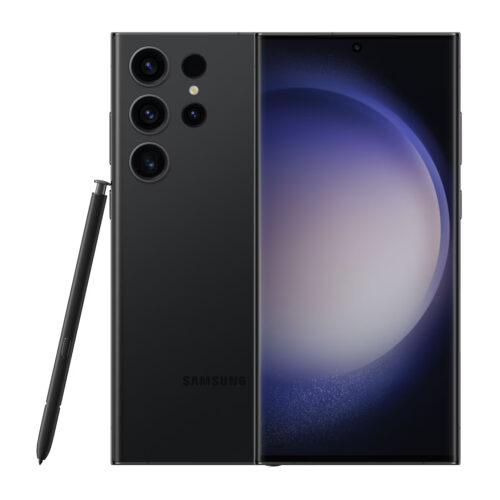 Samsung galaxy s23 ultra mobile phone in phantom black, showcasing the embedded s pen, quad rear camera array, and curved edge display.